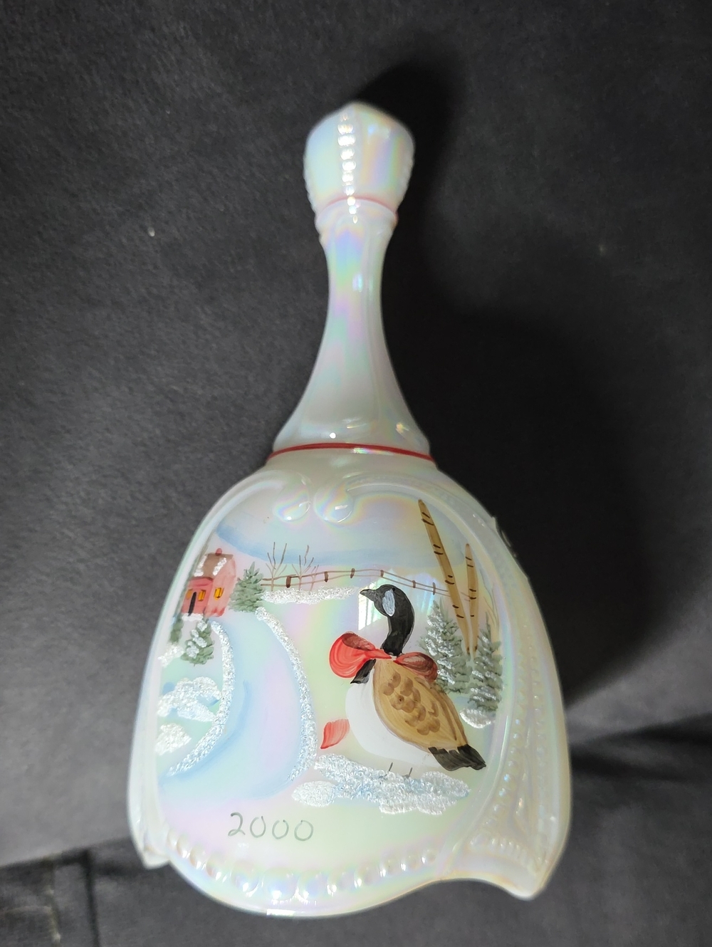 Iridescent White Hand-Painted Holiday Bell - FENTON Year 2000 Signed